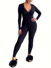 Solid Lounge Jumpsuit Long Sleeve V Neck Buttons Jumpsuit Women's Loungewear
