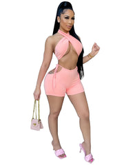 Sexy Lace Up Halter Top & Cut Out Shorts Set