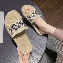 Women's Argyle Pattern Straw Slippers Sandals Open Toe Comfy Flat Slides
