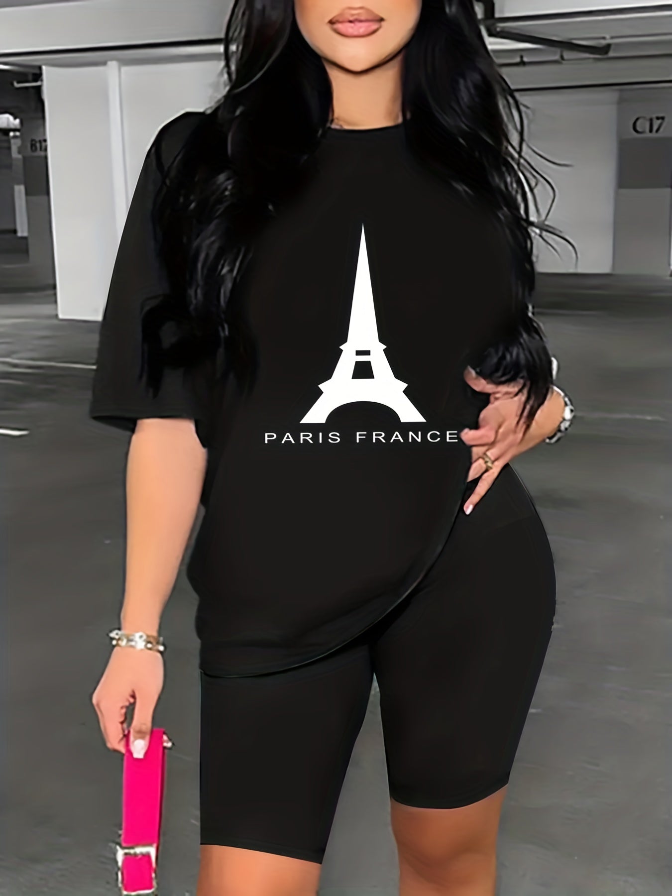 Paris Print Two piece Set Short Sleeve Crew Neck T Shirt & Shorts