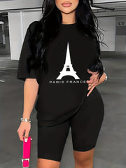 Paris Print Two piece Set Short Sleeve Crew Neck T Shirt & Shorts