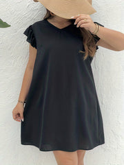 Solid Ruffle Sleeve V Neck Knee Length Dress