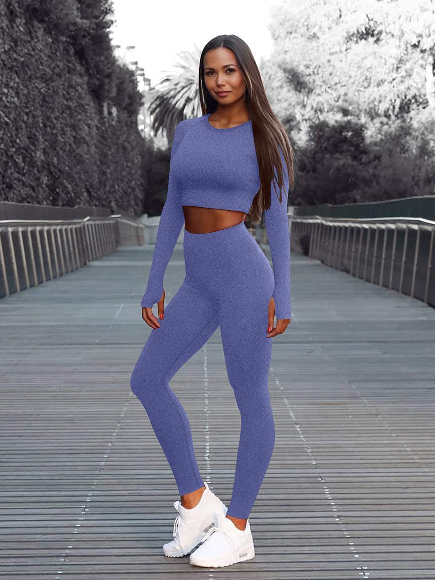 Seamless Workout Set - Long Sleeve Crop Top & High Waisted Leggings