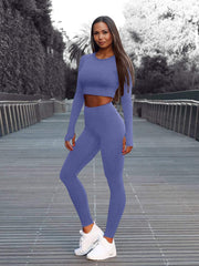 Seamless Workout Set - Long Sleeve Crop Top & High Waisted Leggings
