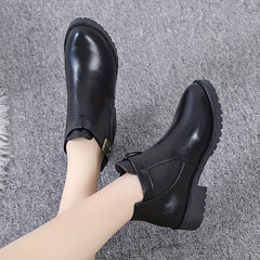 Women's Buckle Ankle Boots Round Toe Block Heel Shoes