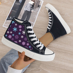 Christmas Snowflake Print Plush Lined Canvas Sneakers