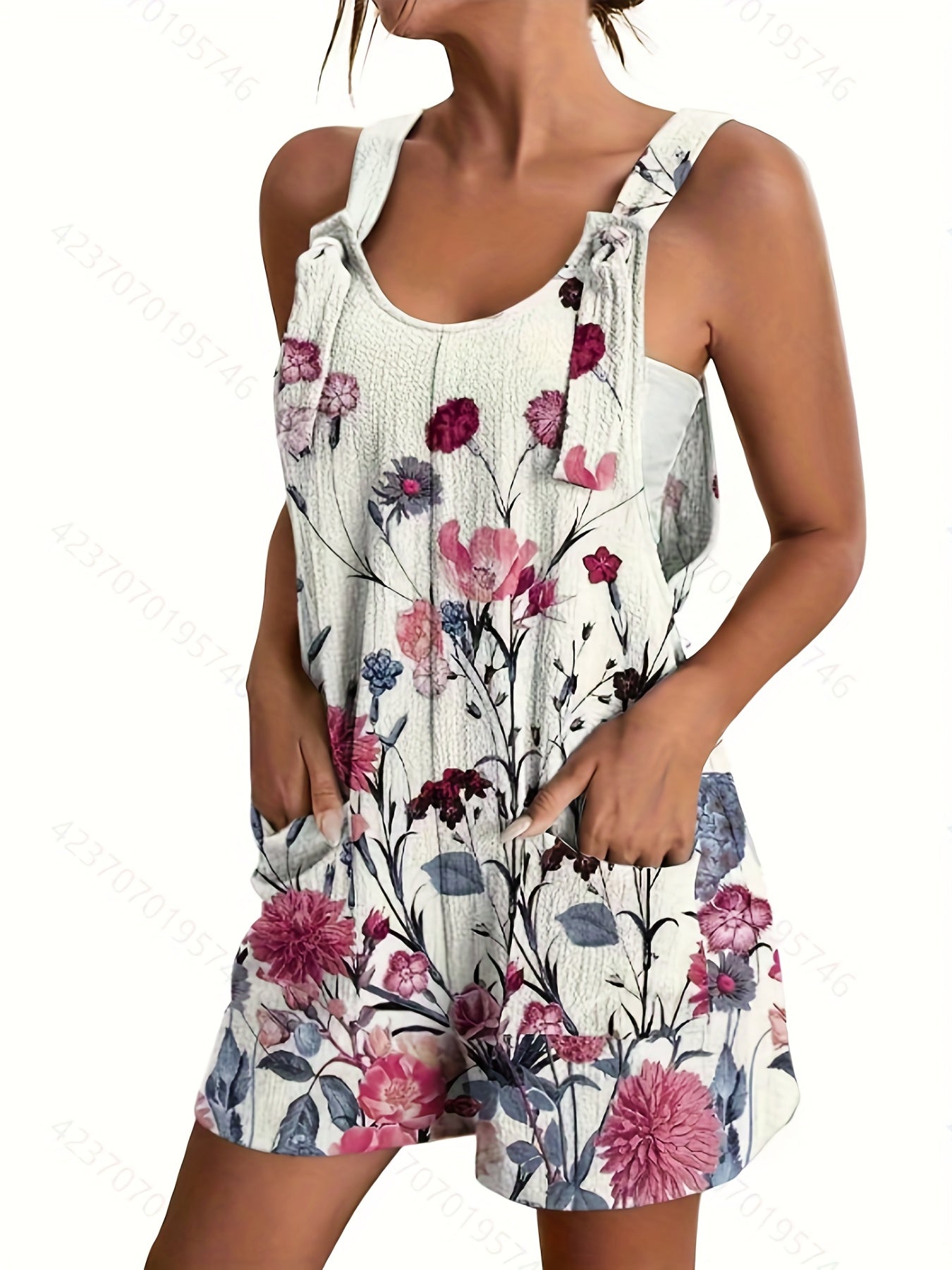 Floral Print Overall Romper Casual Sleeveless Pocket Front Romper