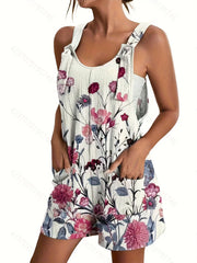 Floral Print Overall Romper Casual Sleeveless Pocket Front Romper