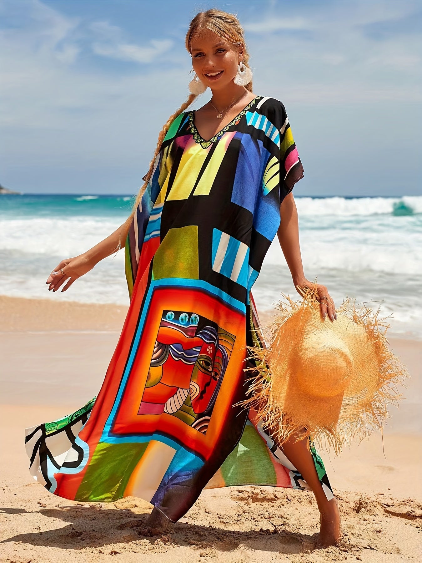 Colorful Abstract Art V Neck Cover Up Dress Kaftan