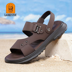 LAORENTOU Men's Leather Non slip Sandals Lightweight Quick Dry Comfy Beach Shoes