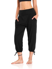 Solid Lace Up Cropped Pants Loose High Stretch Running Pants Women's Activewear