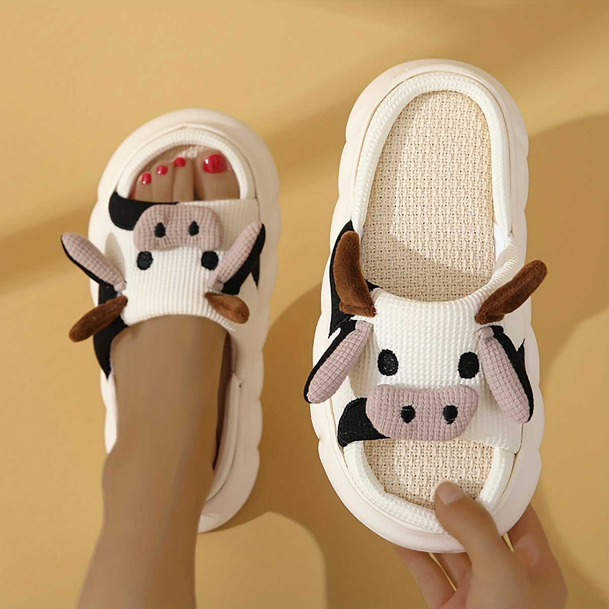 Cow Platform Slippers Open Toe Linen Sole Non Slip Shoes