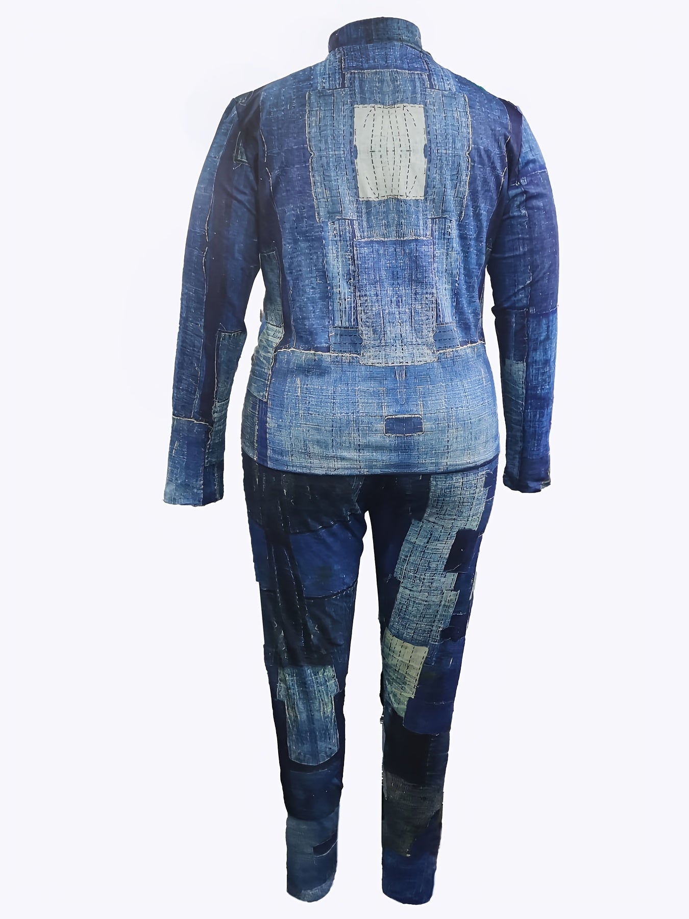 Denim Print Zip Up Top & Pants 2 Piece Set