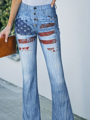 American Flag Star Stripes Print Flare Leg Jeans