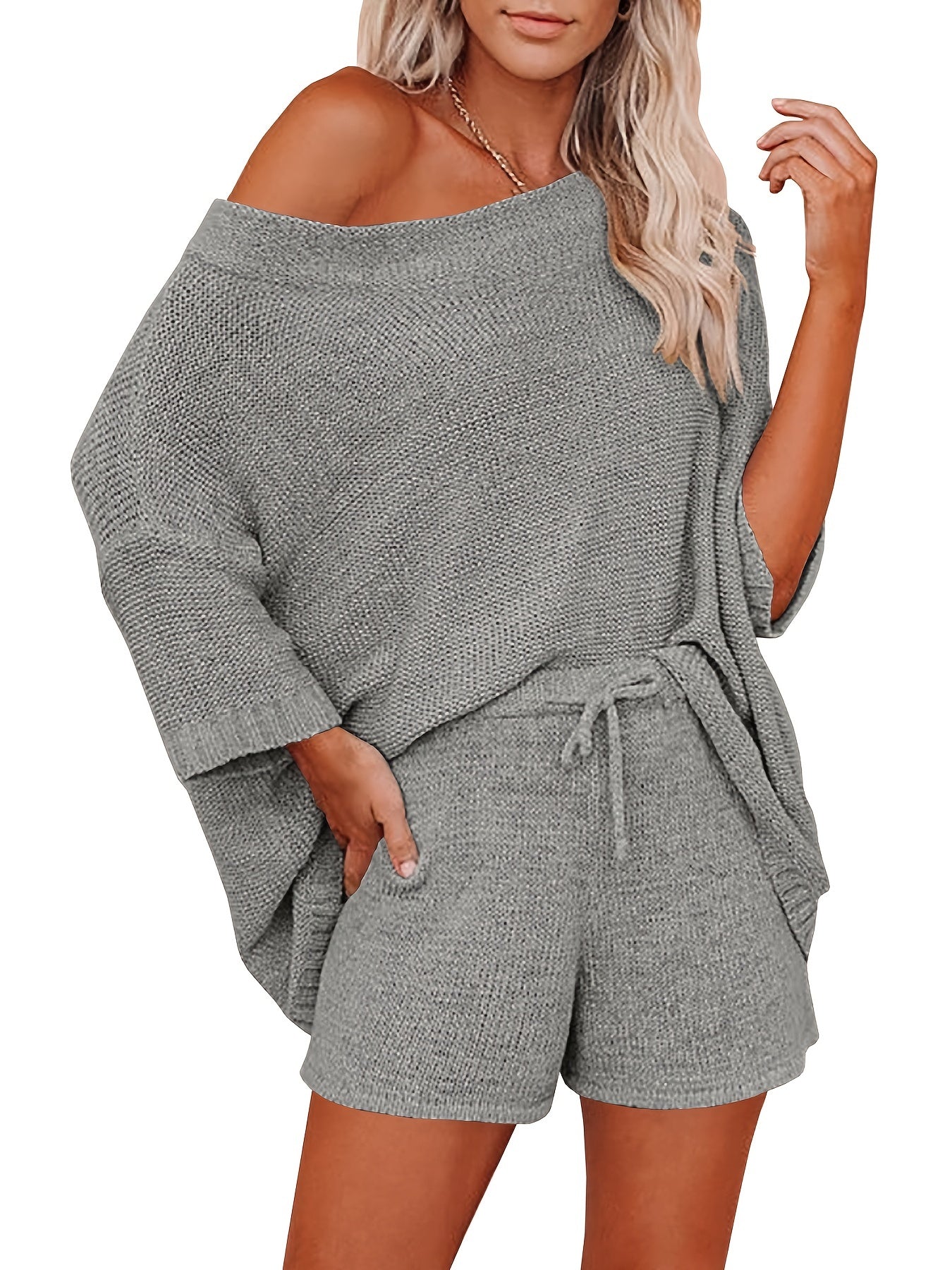 Slanted Shoulder Loose Tops & Drawstring Wide Leg Shorts Set