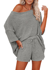 Slanted Shoulder Loose Tops & Drawstring Wide Leg Shorts Set