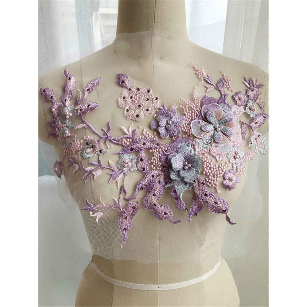 Colorful 3D Nail Beads Hot Drill Embroidery Lace Applique Dress DIY Clothing