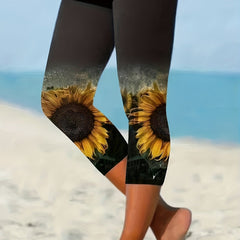 Sunflower Print Skinny Capris Leggings Casual Stretchy Cropped Leggings