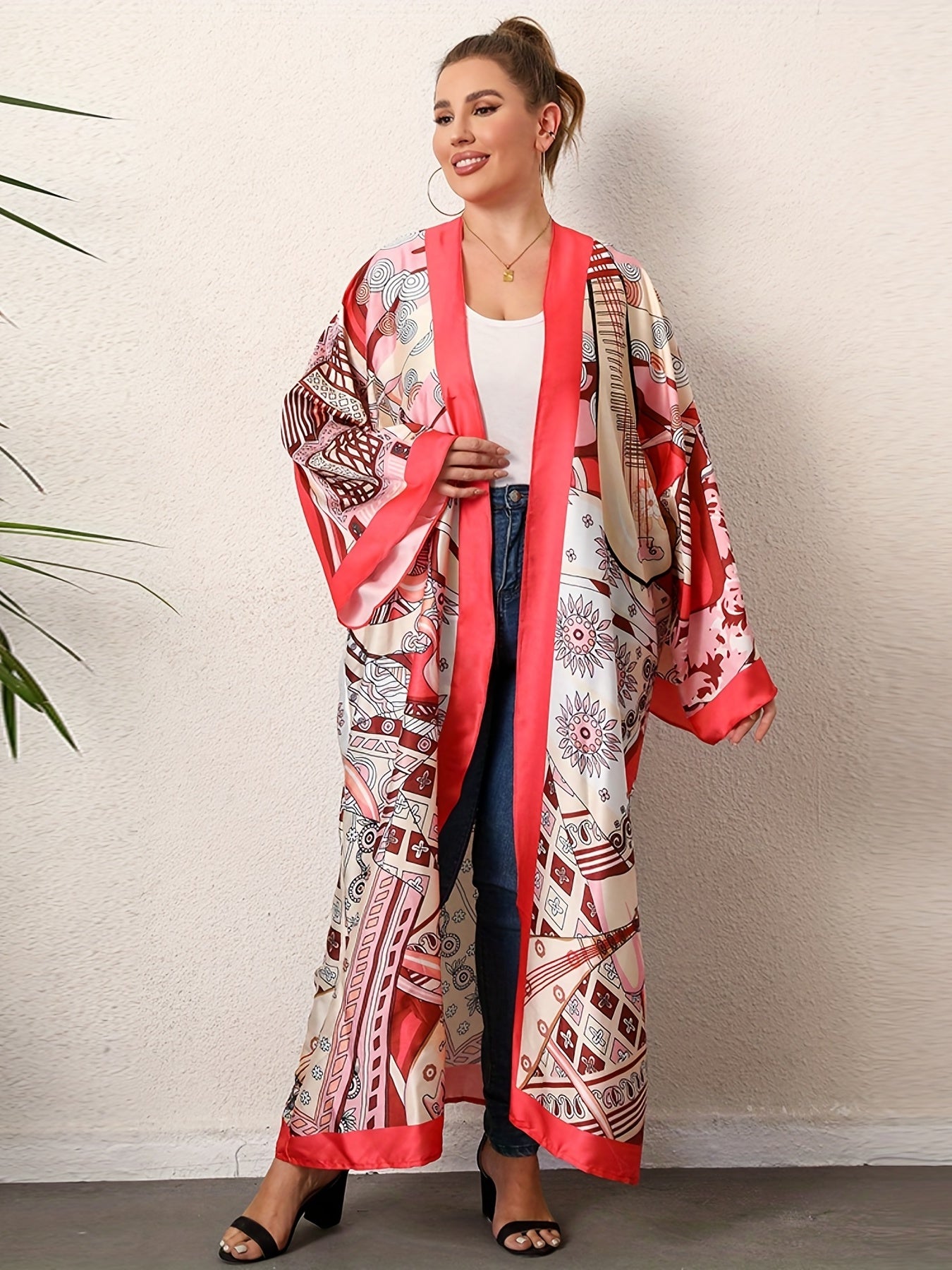 Boho Kimono Women's Plus Graphic Print Contrast Trim Long Sleeve