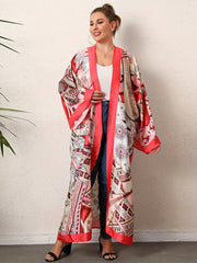 Boho Kimono Women's Plus Graphic Print Contrast Trim Long Sleeve