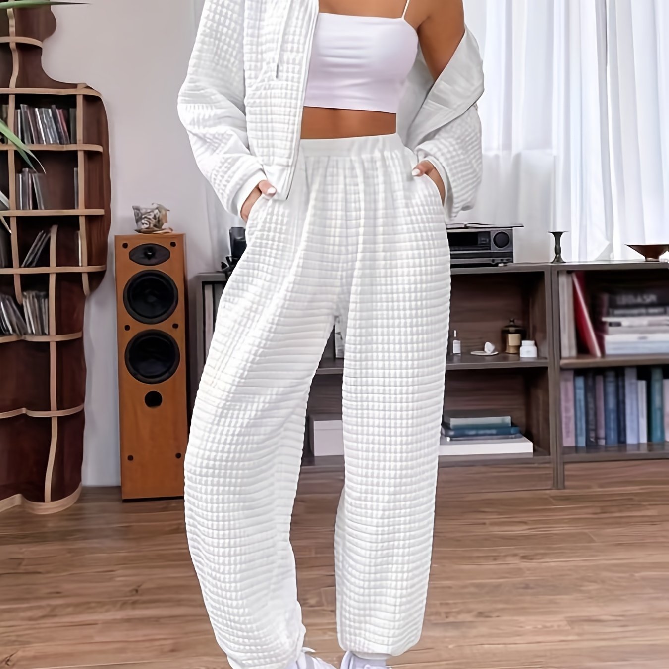 Popcorn Style Textured Two piece Set Zip Up Drawstring Hoodies Sweatshirt