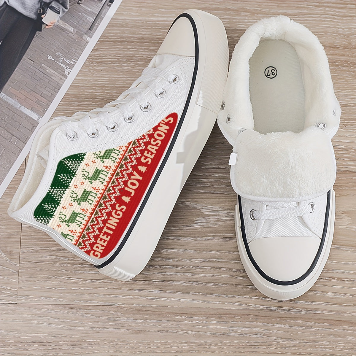 Christmas Plush Lined Thermal Canvas Sneakers - Non Slip High Top Shoes