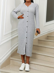 Solid Ribbed Knit Long Sleeve Maxi Dress