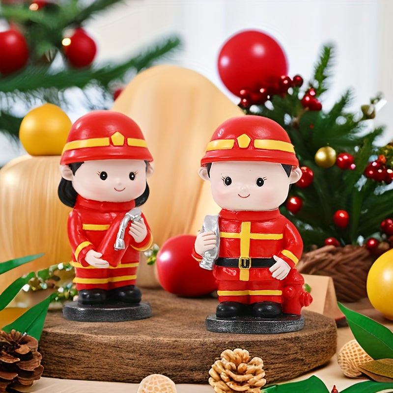 Firefighter Figurine Red Resin Crafted Doll Fire Truck Gear Christmas Gift Decor