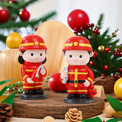 Firefighter Figurine Red Resin Crafted Doll Fire Truck Gear Christmas Gift Decor