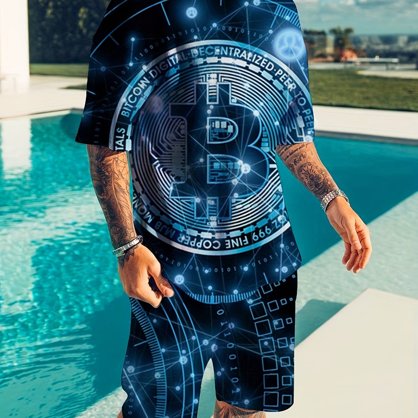 Bitcoin Men's 2Pcs Crew Neck T-shirt & Drawstring Shorts
