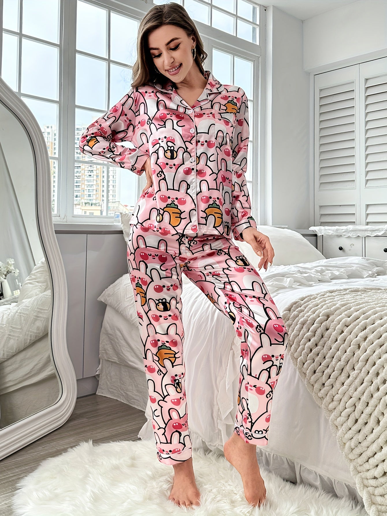 Bunny Print Pajama Set Long Sleeve Buttons Top & Pants Sleepwear