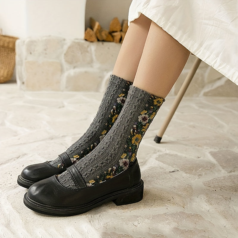 5 Pairs Floral Print Socks Mid Tube Women's Stockings Hosiery