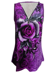 Rose Print Zip Up V Neck Tank Top Sleeveless Casual Summer Women's Clothing