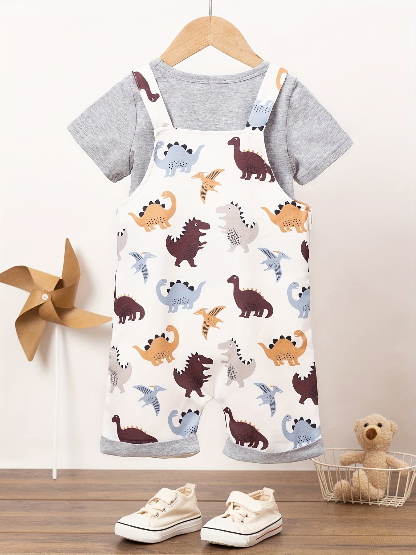 Baby Boy's Dino Suspender Pants & T-shirt Set