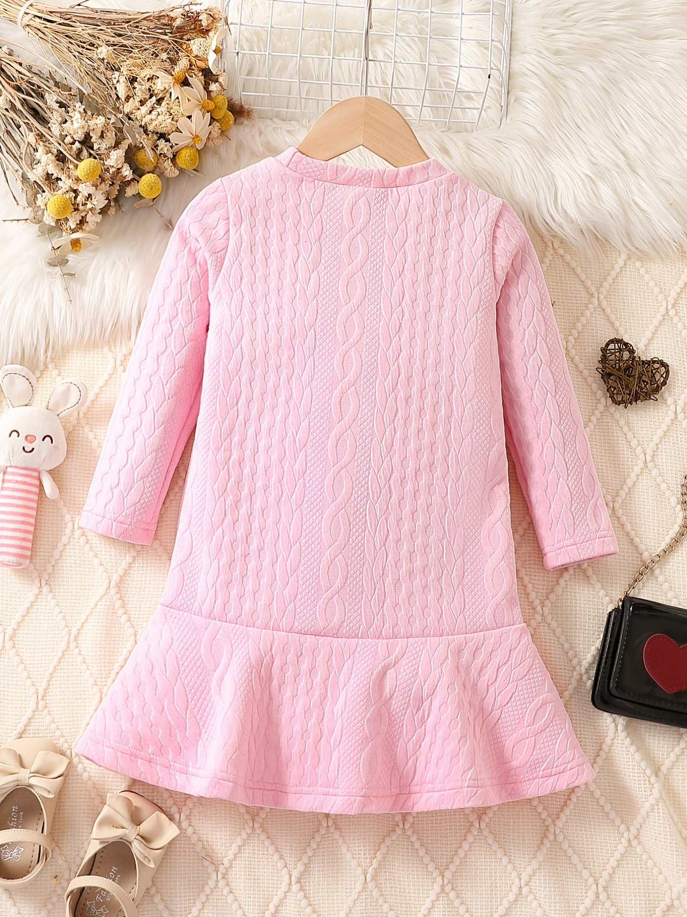 Girls' Jacquard Long Sleeve Knee Length Dress for Autumn/Winter