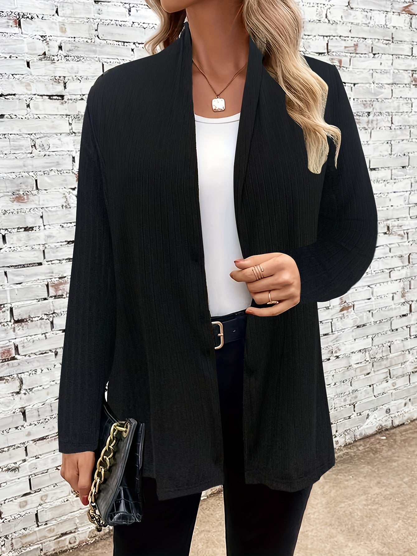 Solid Open Front Cardigan Long Sleeve