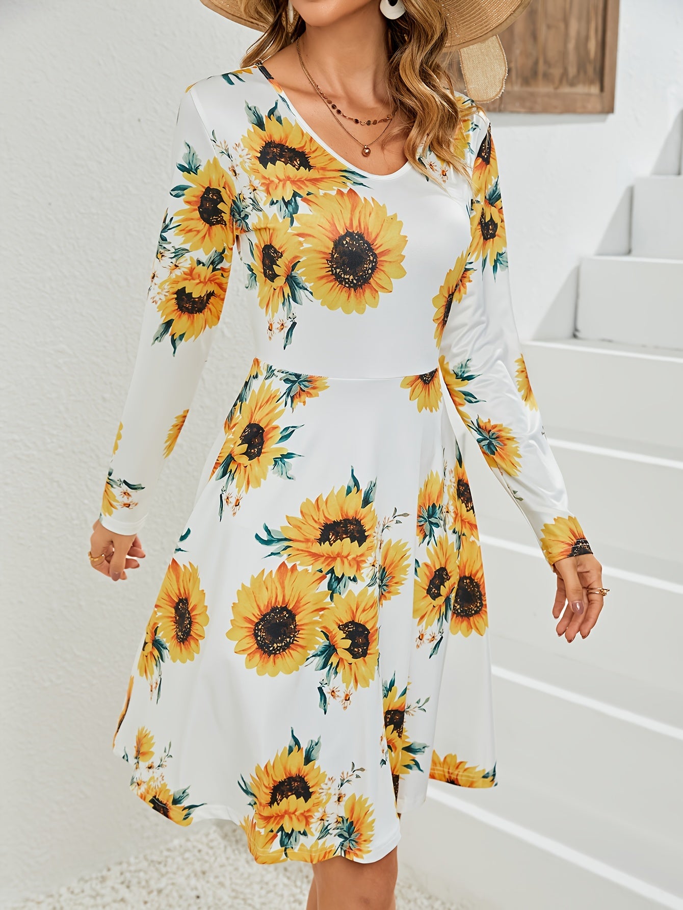 Flower Print V Neck Dress Long Sleeve Spring & Fall Women's Clothing