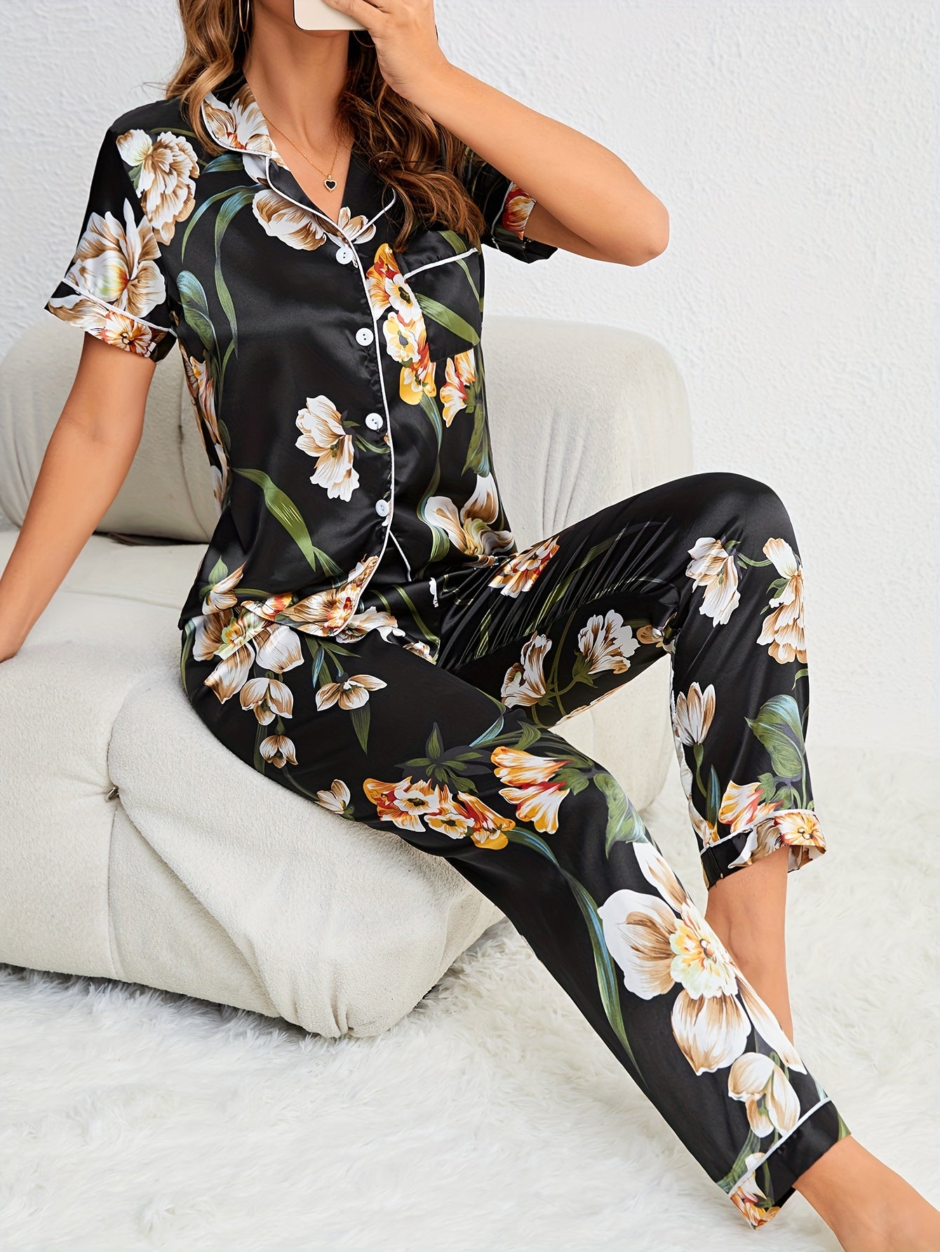 Floral Print Pajama Set Short Sleeve Buttons Top & Elastic Waistband Pants