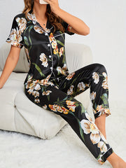 Floral Print Pajama Set Short Sleeve Buttons Top & Elastic Waistband Pants