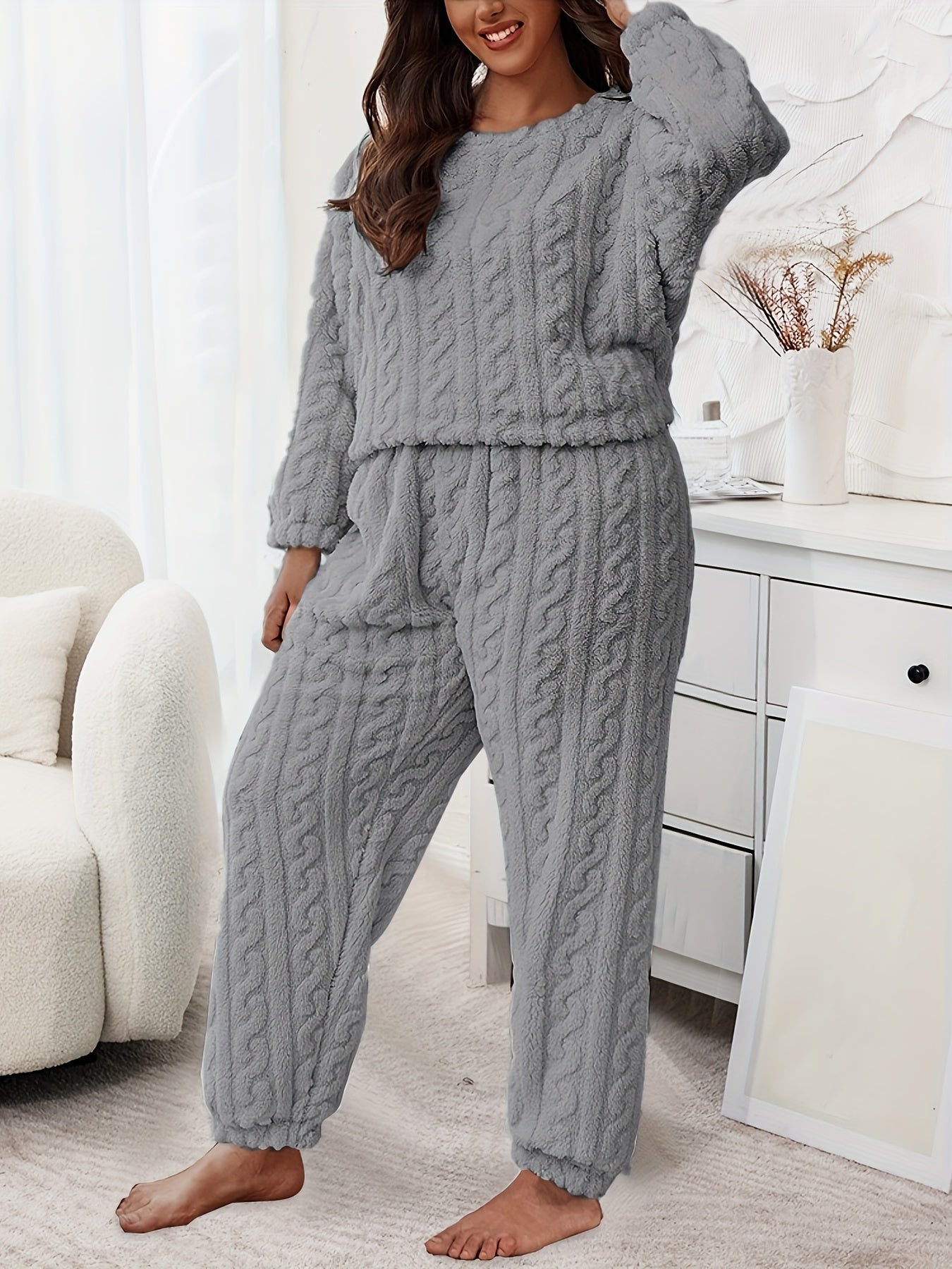 Flannelette Loungewear Set Crew Neck Top & Joggers Pajamas