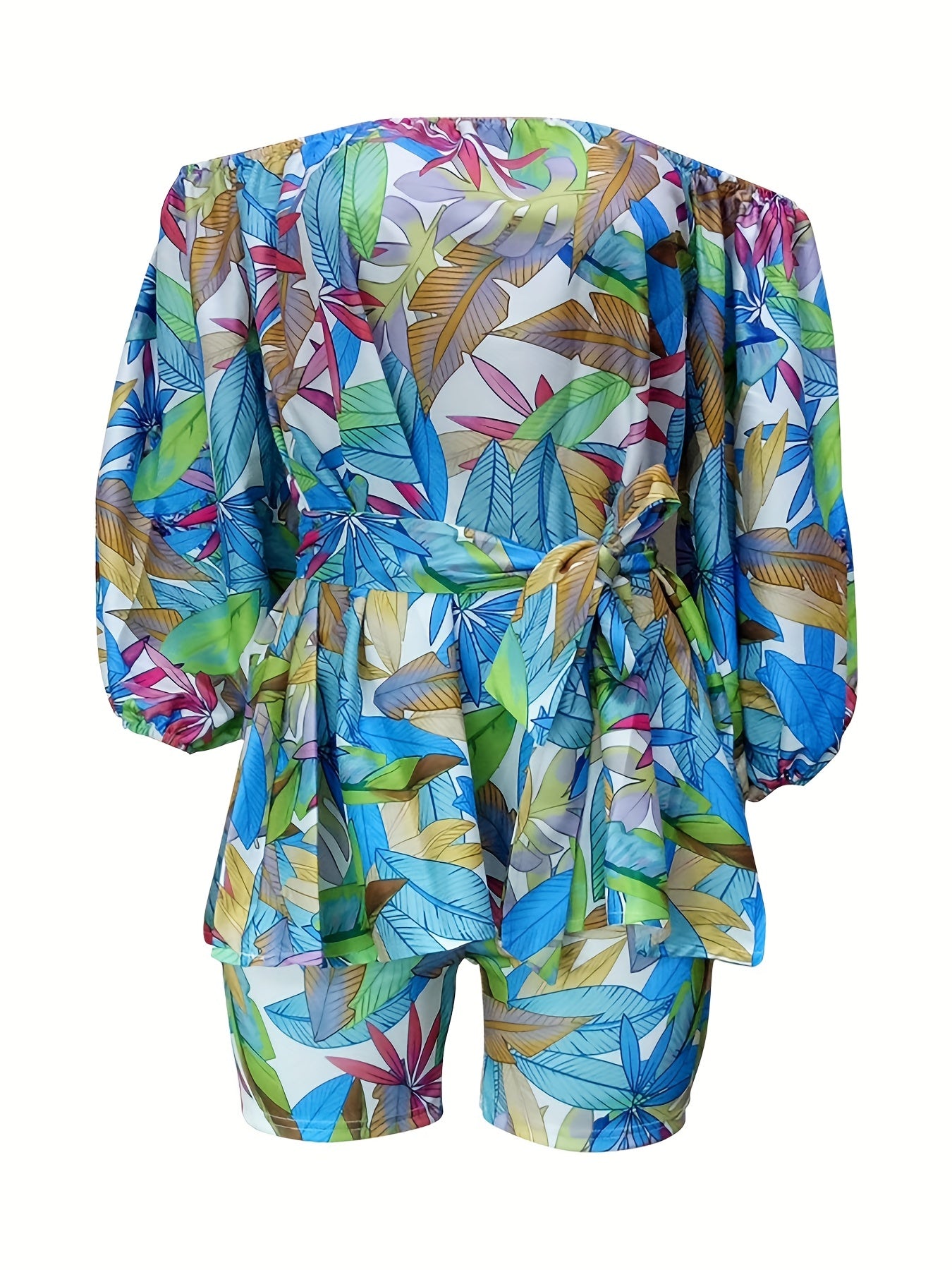 Leaf Print Off Shoulder Top & Shorts Set With Belt