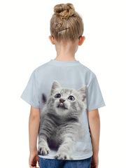 Casual Kitty Graphic Crew Neck T-Shirt Girls Summer Pullover Top