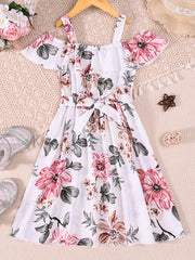 Toddler Girls Sunflower Graphic Cold Shoulder Belted Princess Dress