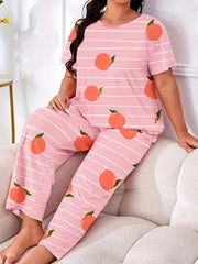 Peach & Stripe Print Two Piece Pajama Set