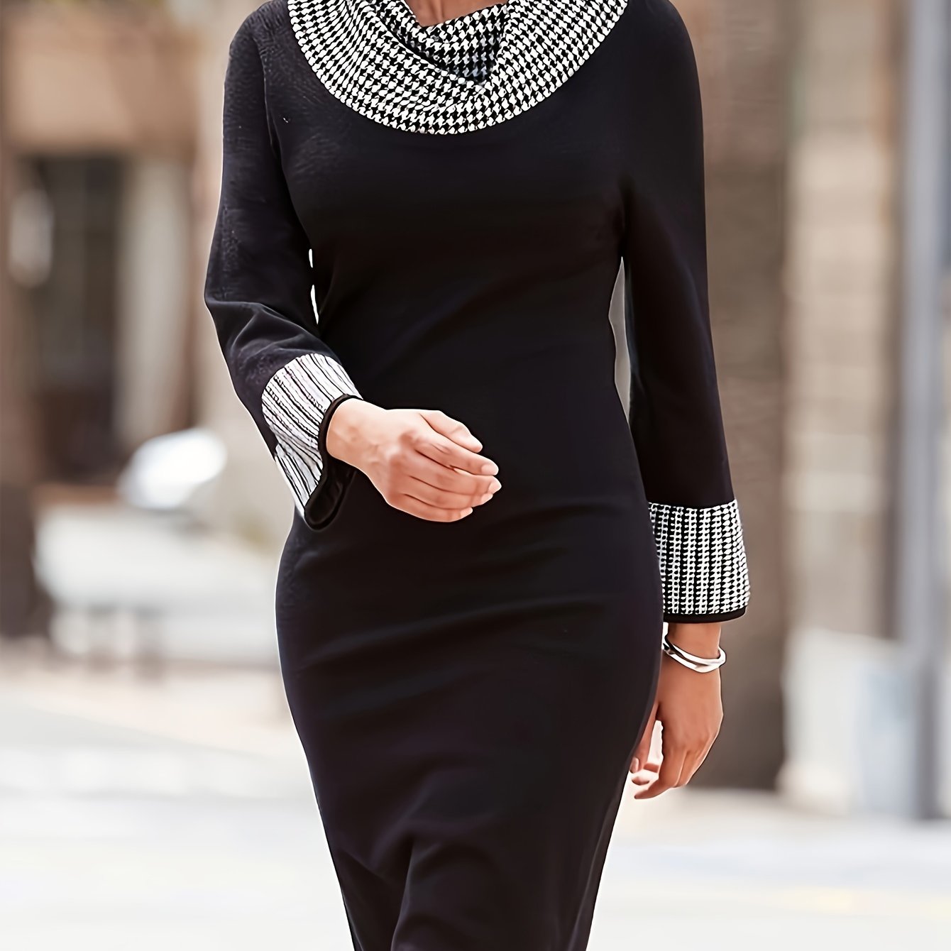 Colorblock Houndstooth Print Bodycon Dress