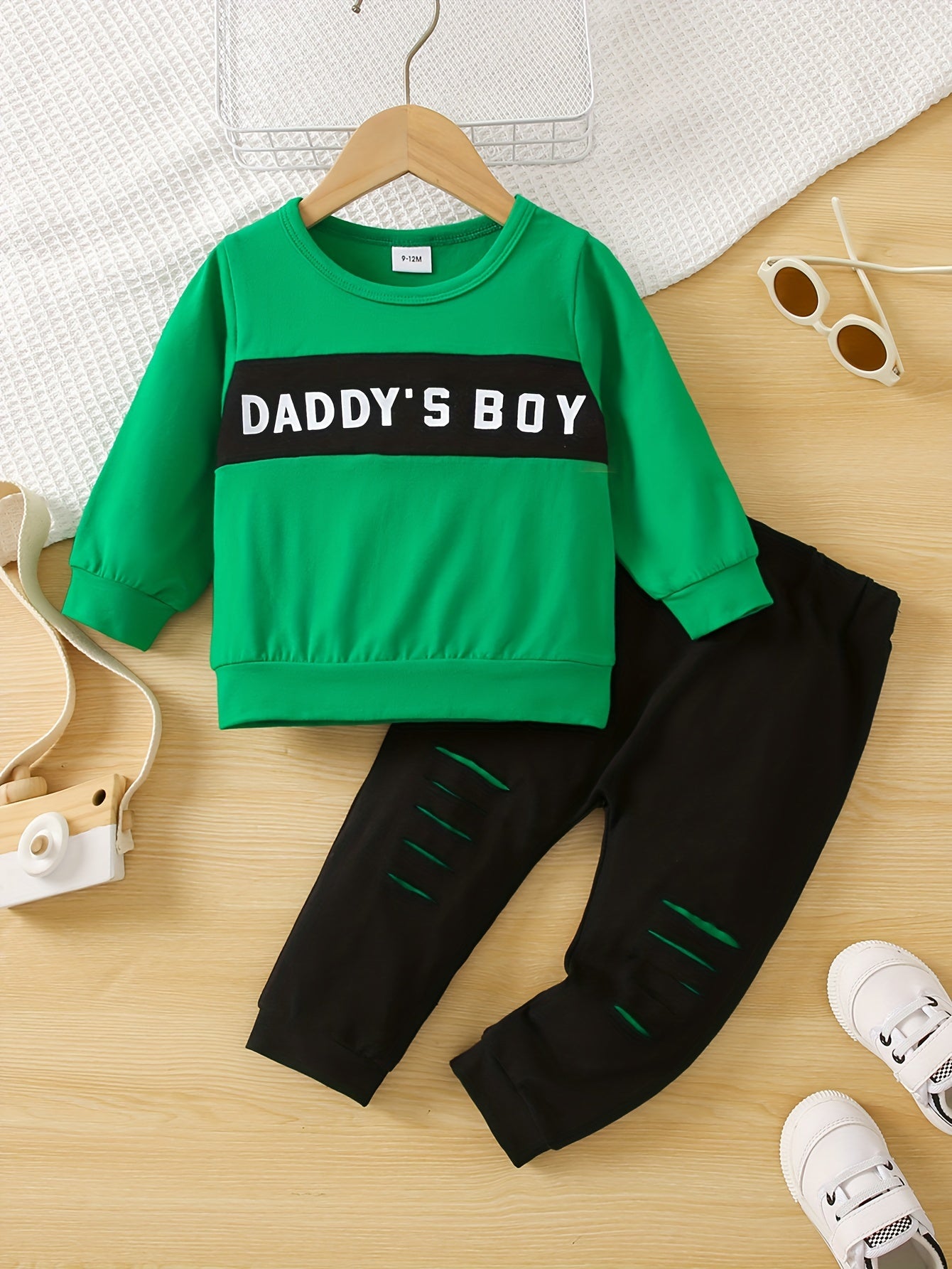 Baby Boys Casual Outfit DADDY'S BOY Print Sweatshirt Ripped Trousers
