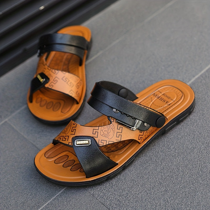Men's Patterned Leather Slides Lightweight Slippers