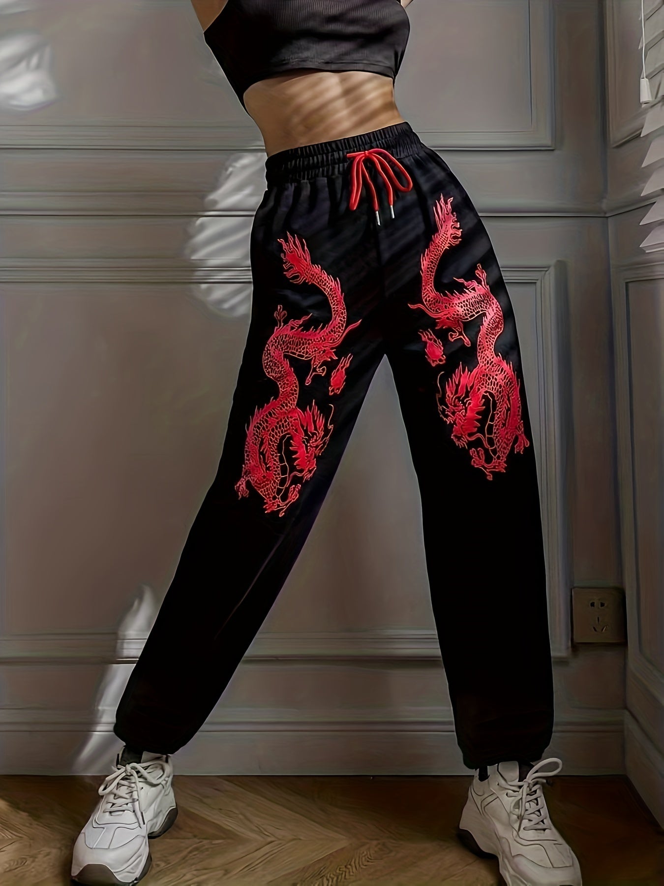 Dragon Print Drawstring Waist Sweatpants for Women