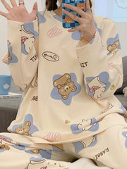 Bear Print Pajama Set Long Sleeve Crew Neck Top & Pants
