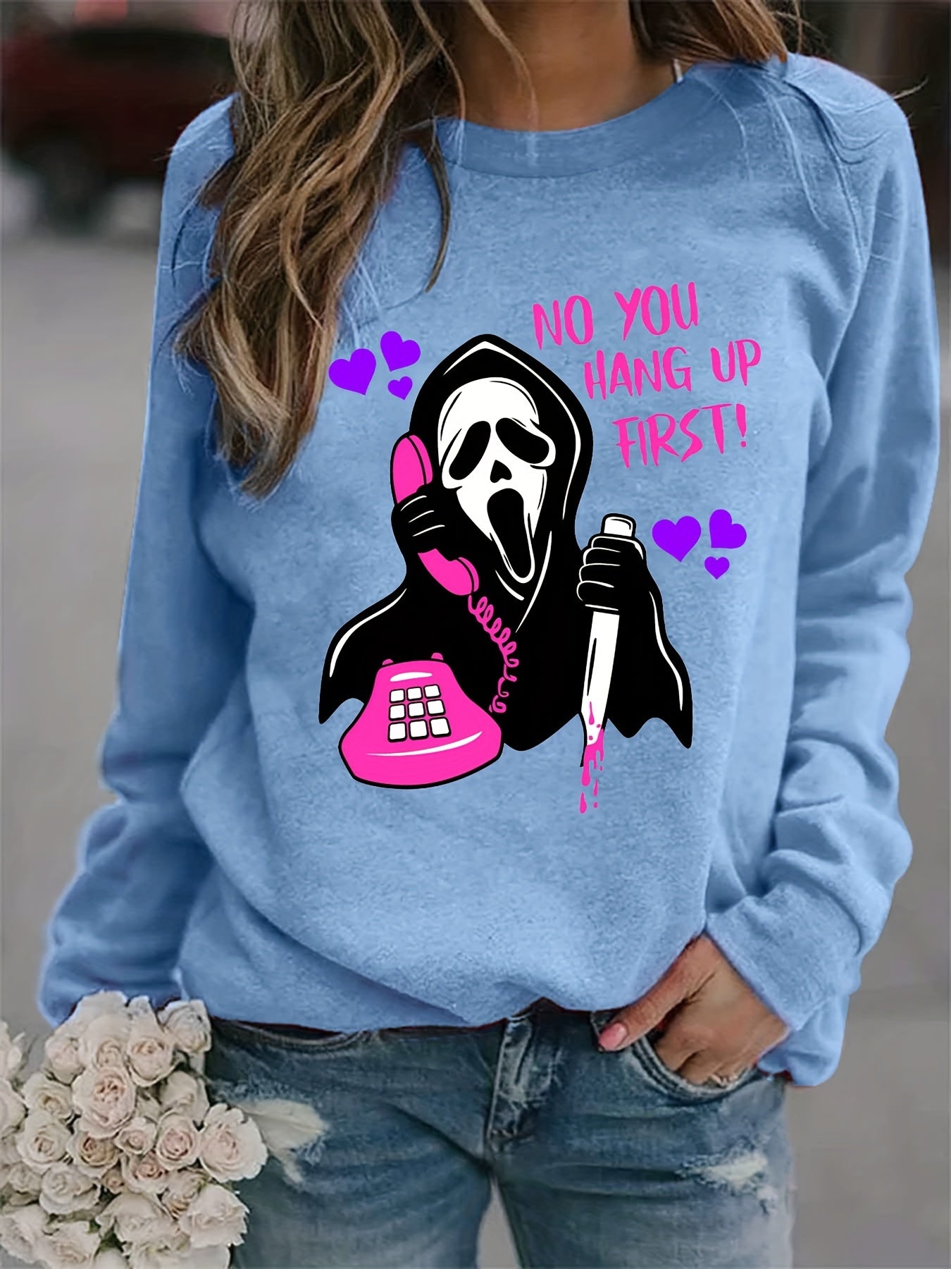 Halloween Ghost Call Print Loose Sweatshirt Women's Clothing